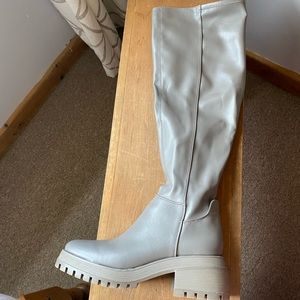 Gray faux leather knee-high platform boots
